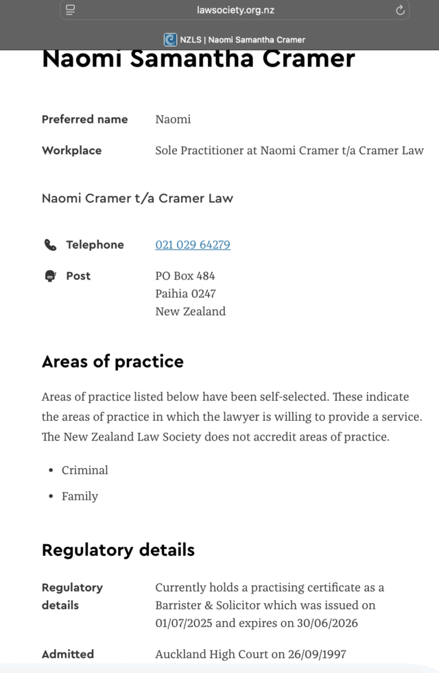 Official Practising Certificate 2026 for Naomi Samantha Cramer - Senior Family Lawyer NZ
